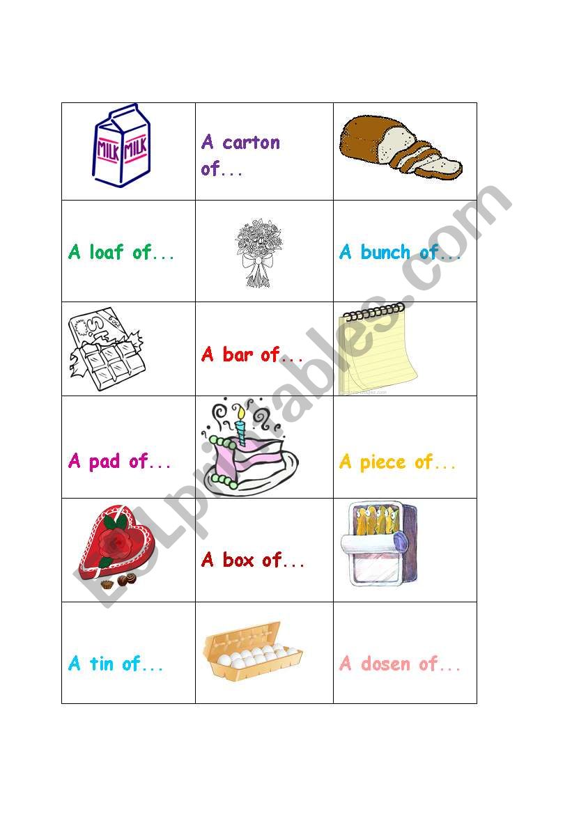 Containers/ quantity expressions memo game