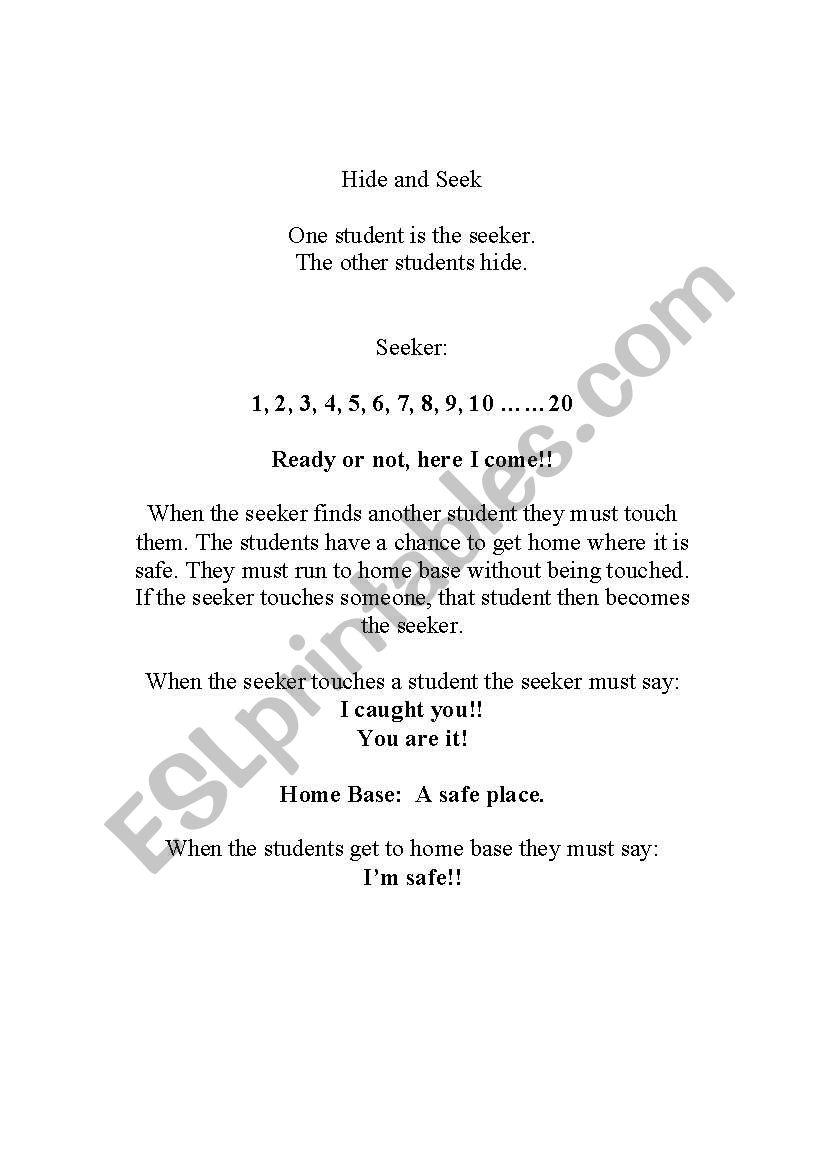 Hide and Seek instructions for elementary