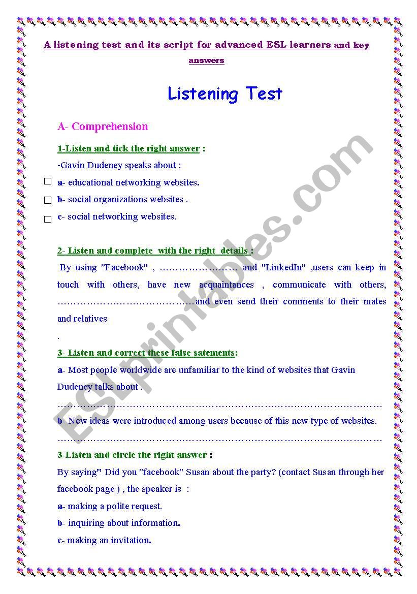 A listening test with its script and key answers(useful for 4th year secondary education ,Tunisia)