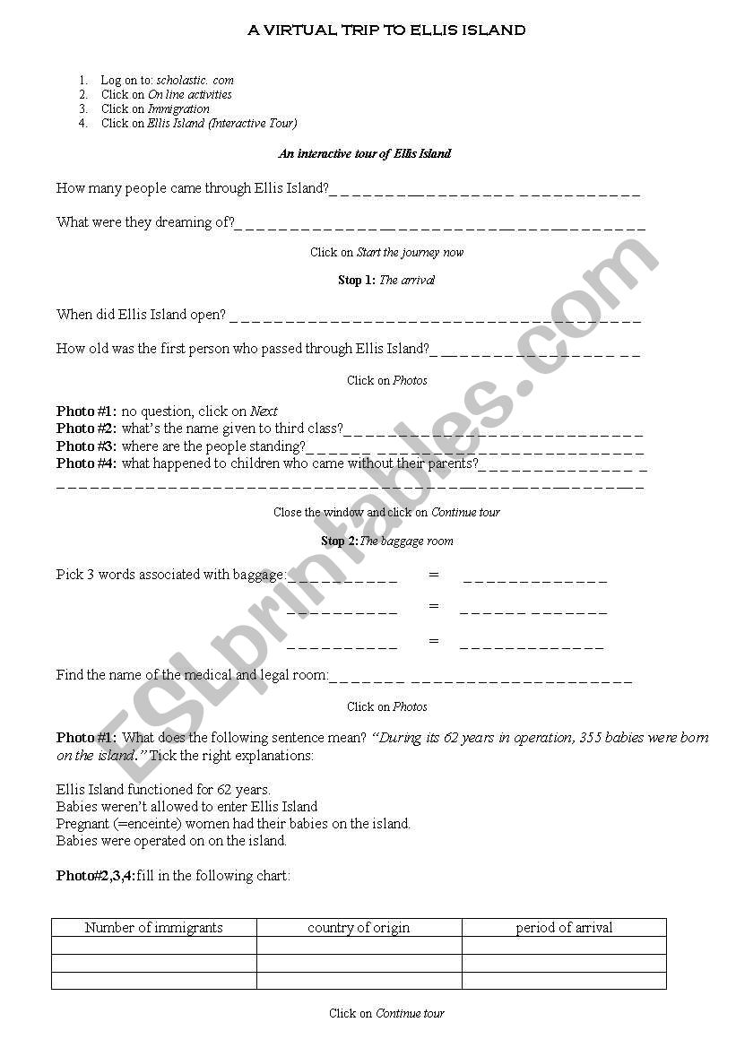 A Virtual Trip to Ellis Island worksheet