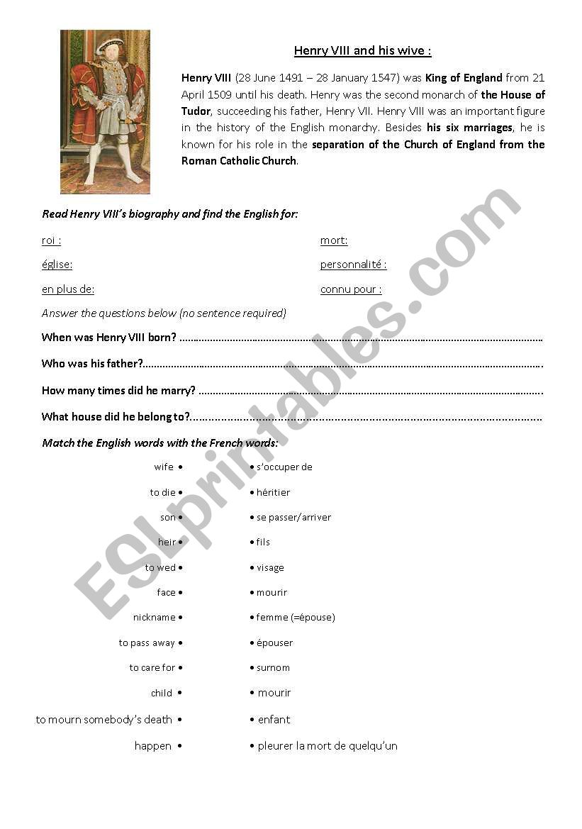 Henry VIII and his wives worksheet