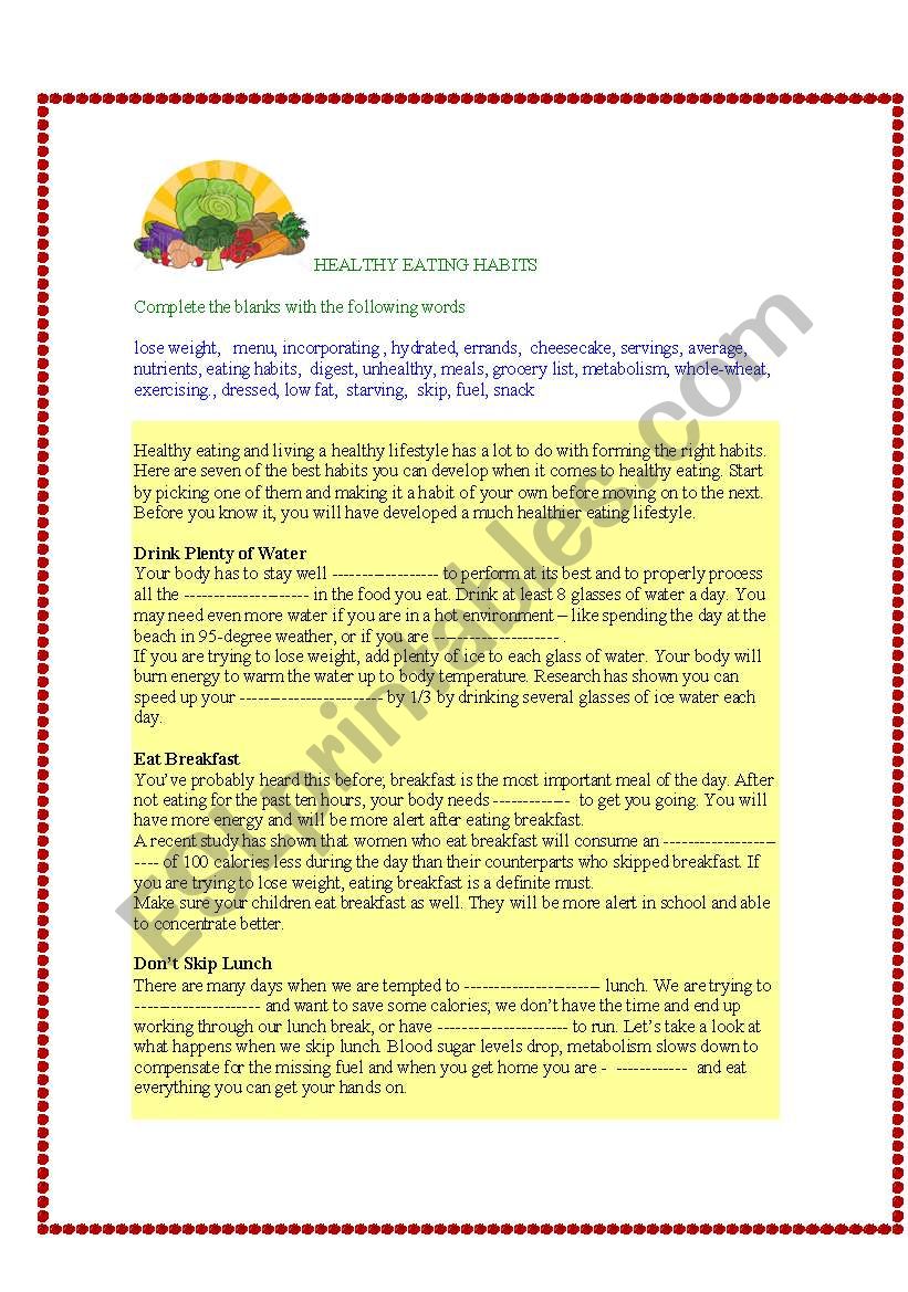 HEALTHY EATING worksheet