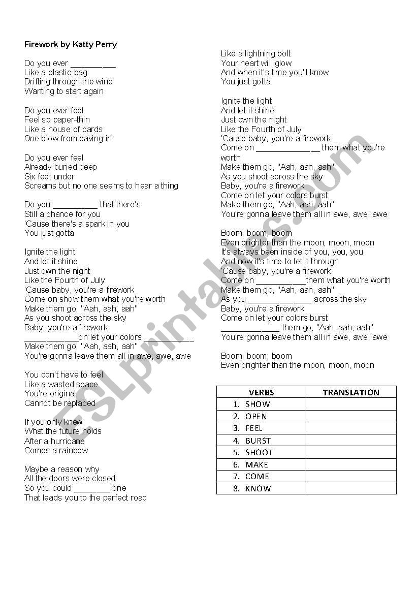 FIREWORK - KATTY PERRY worksheet