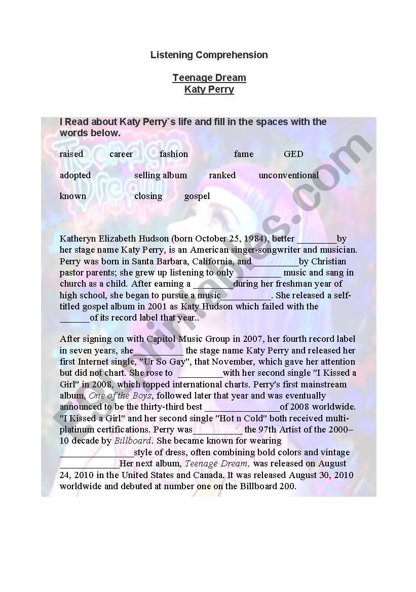 Teenage Dream by Katy Perry worksheet