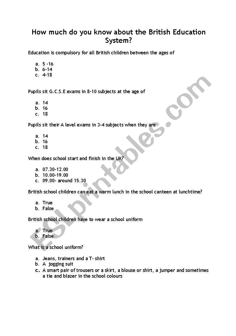 British Education System worksheet