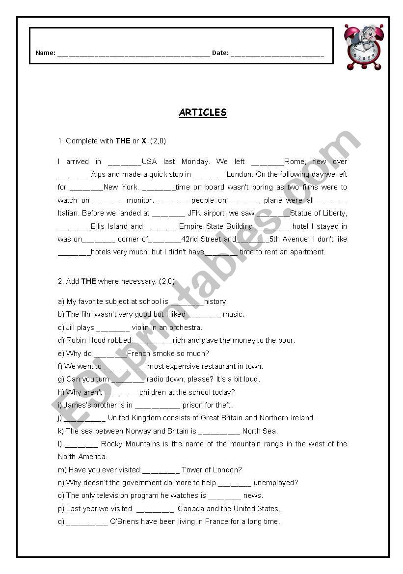 Articles exercises worksheet