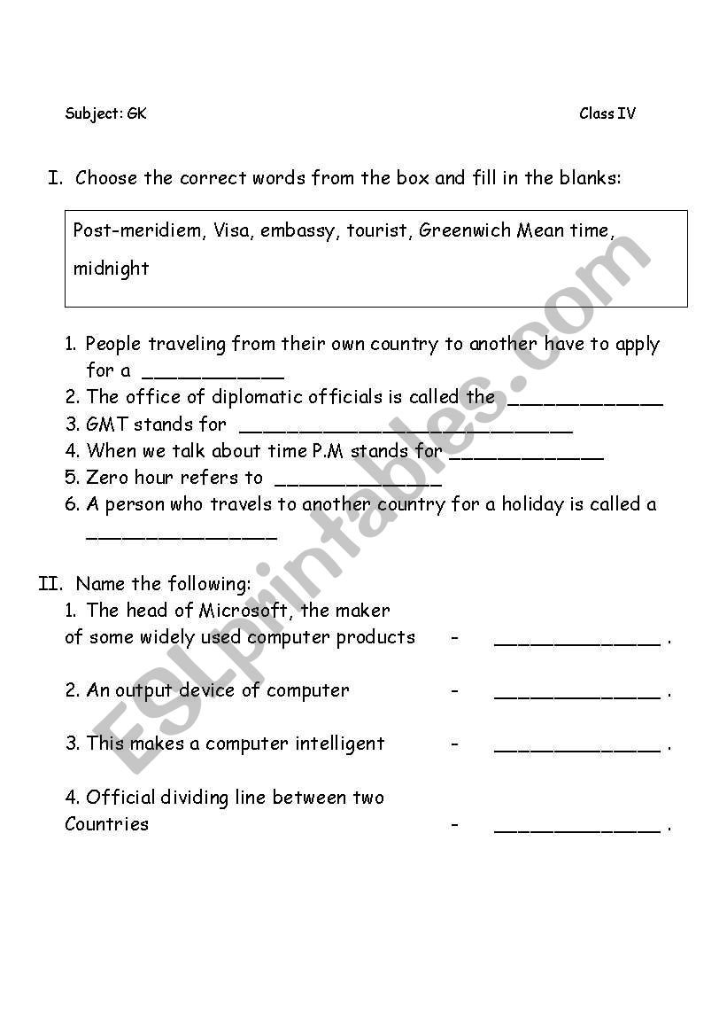 General Knowledge worksheet