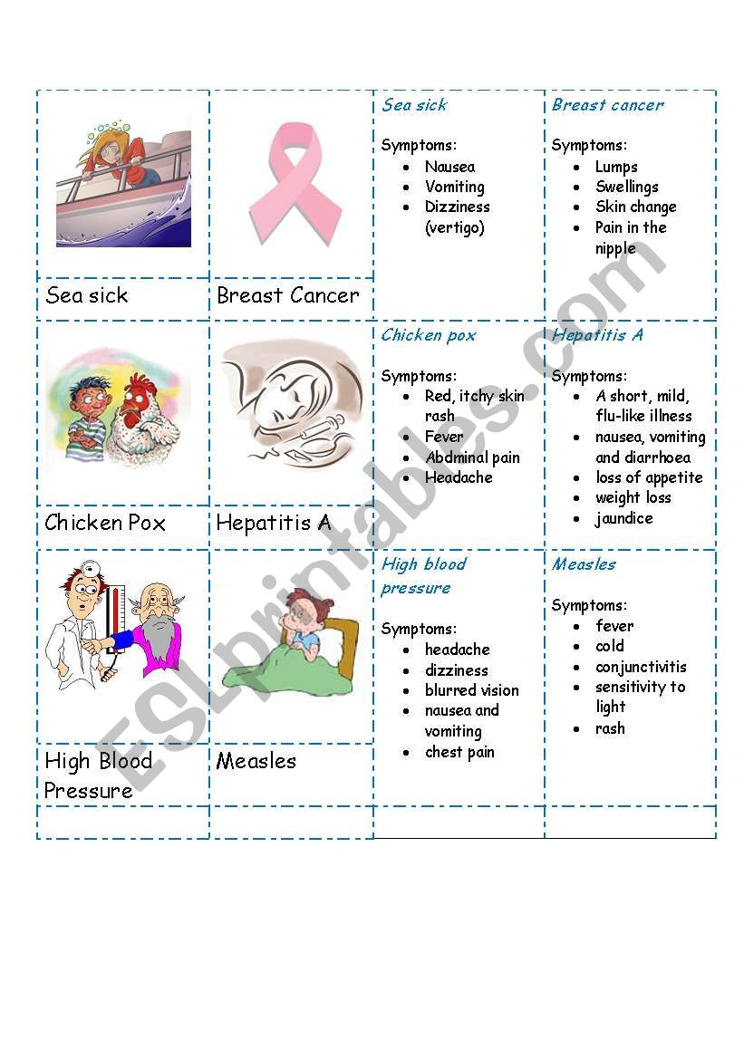 Illnesses card game worksheet