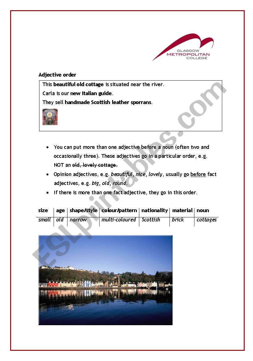 Adjective order worksheet
