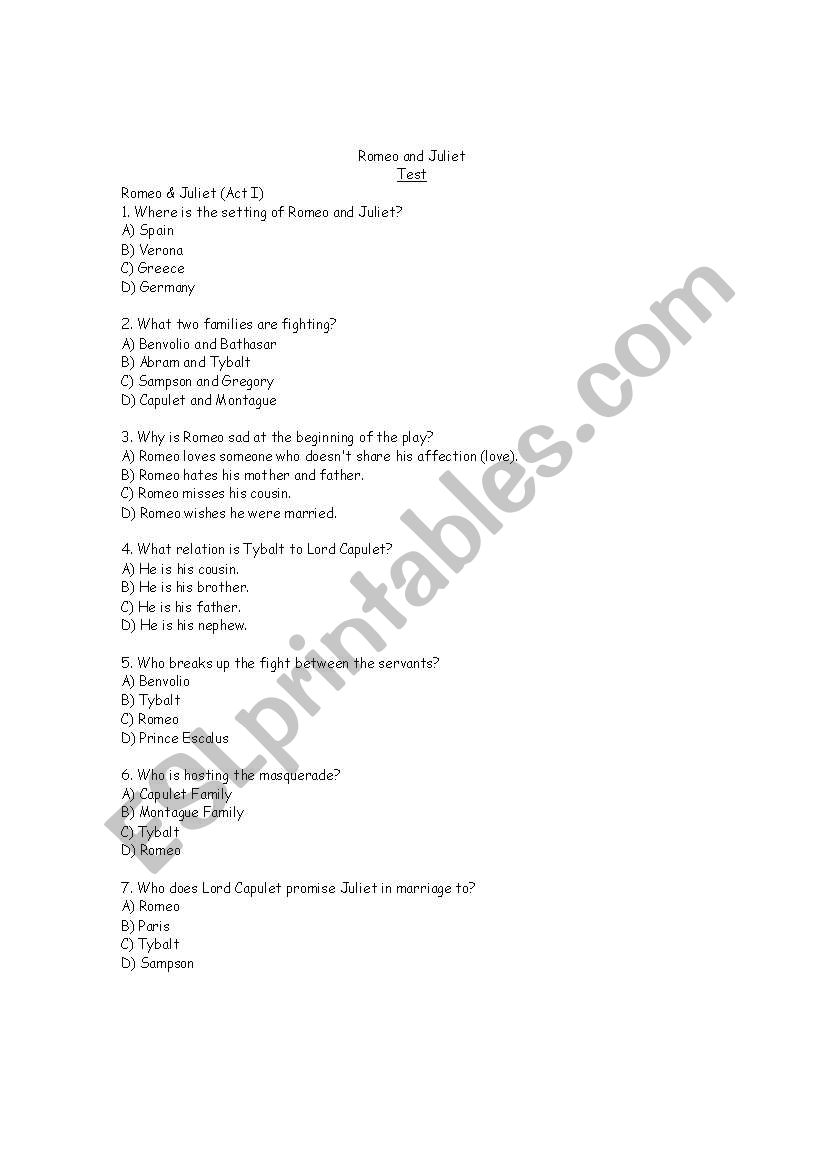 Romeo and Juliet Test easy version and hard version with answer key