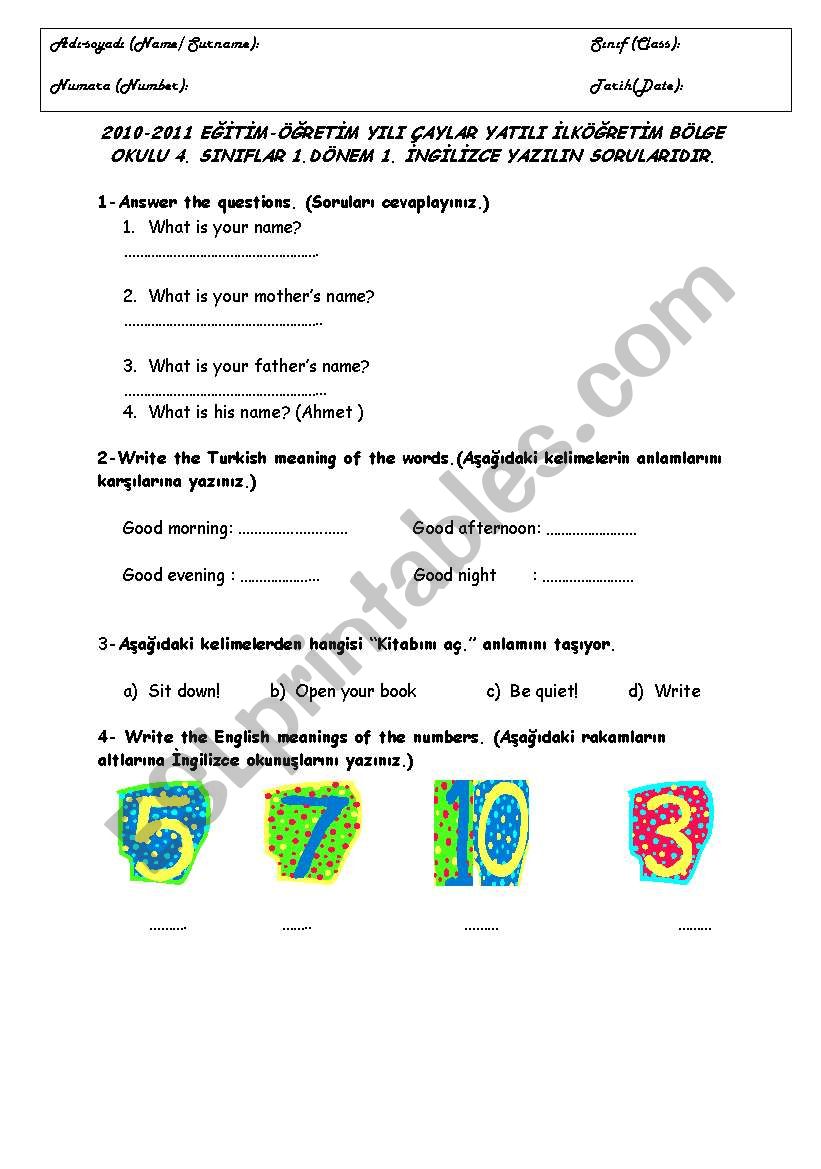 exam for 4th grades worksheet