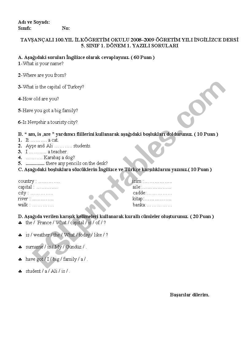 exam for 5th grades worksheet