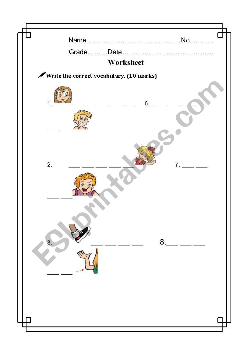 Parts of body worksheet