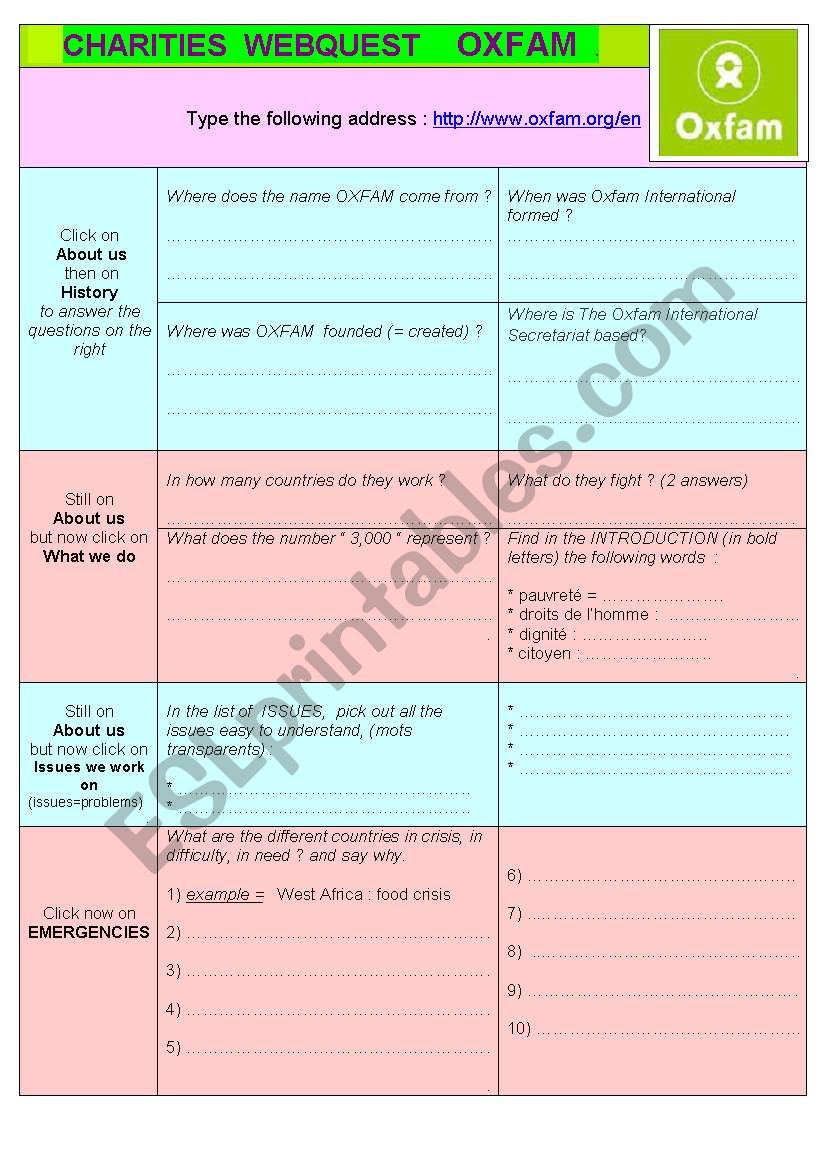 CHARITIES - OXFAM worksheet