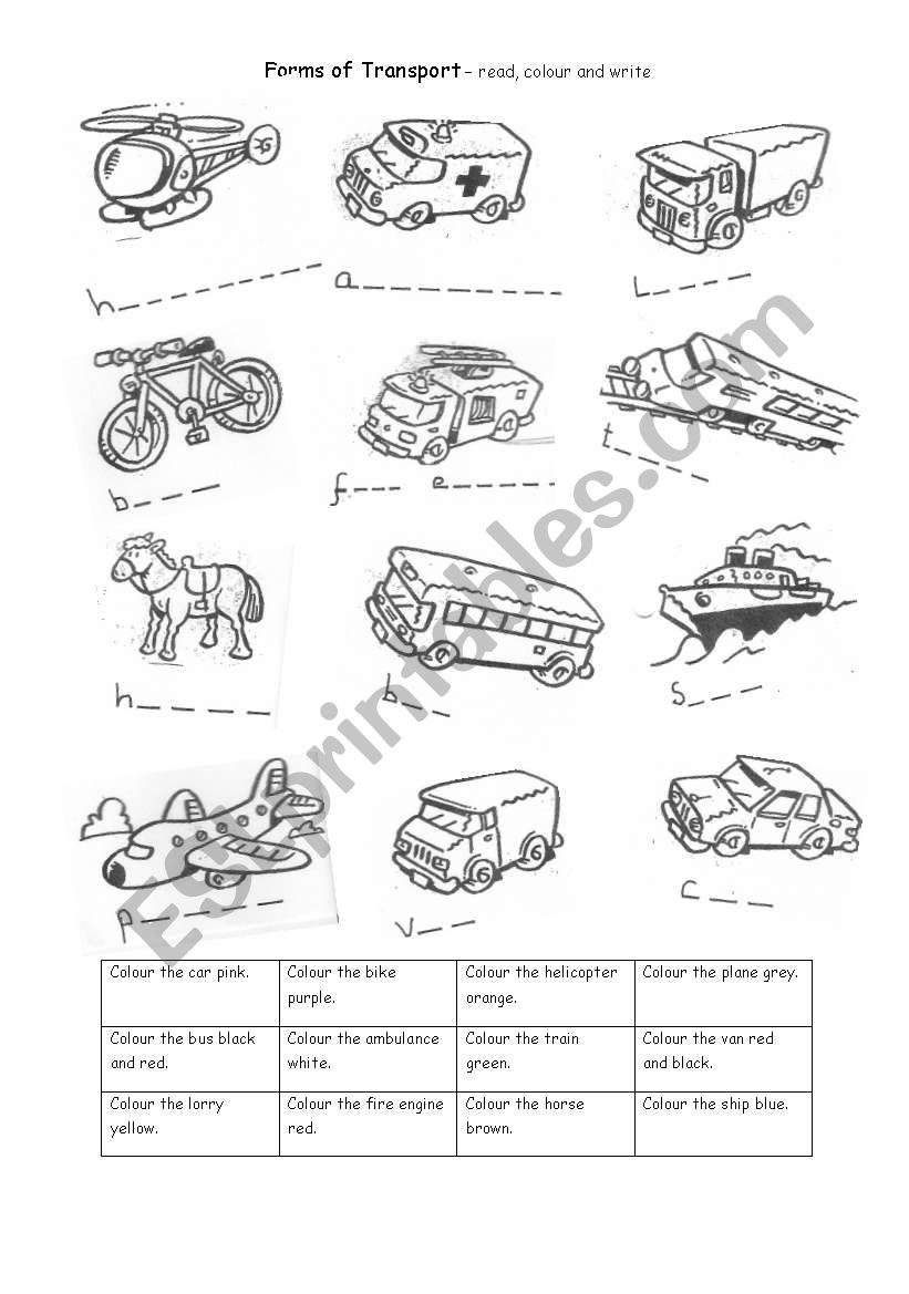 Forms of Transport worksheet