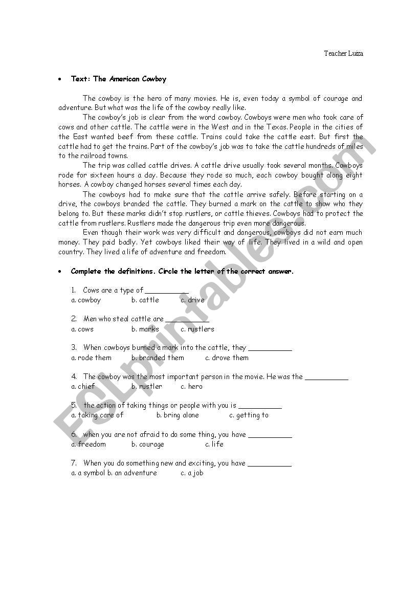 American Cowboy worksheet