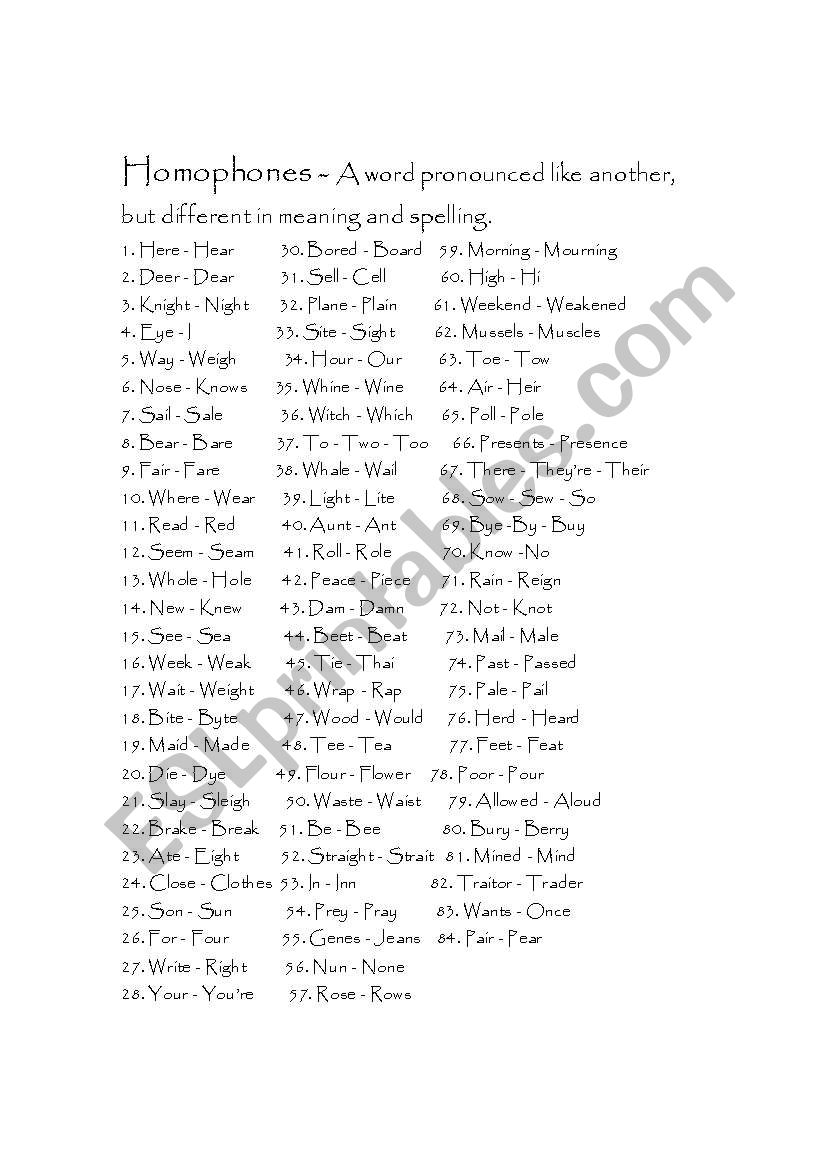 A list of English Homophones worksheet