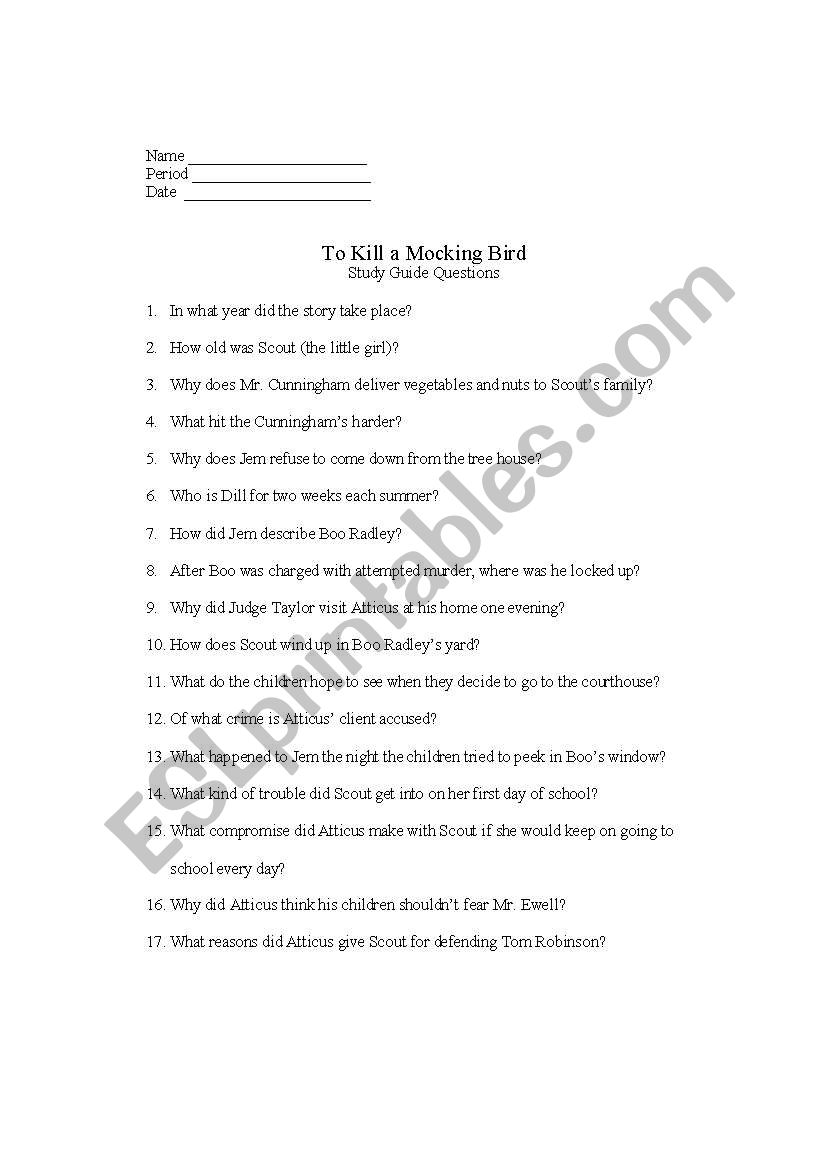 To Kill a Mocking Bird Study Guide Questions
