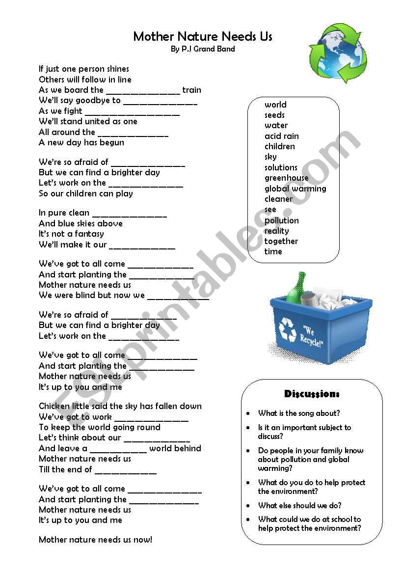 Mother Nature Needs Us - Song worksheet