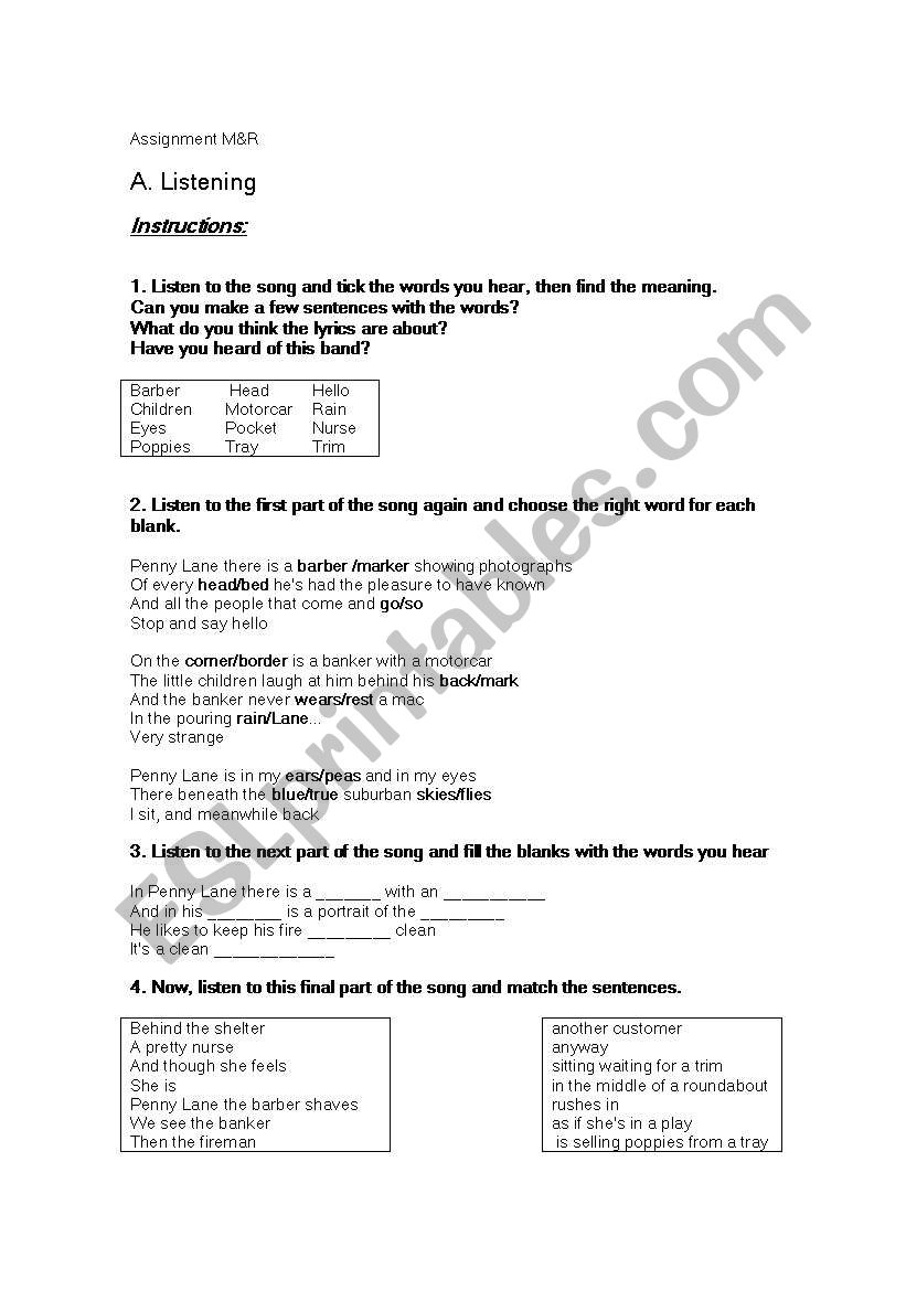 Activities for the song pennylane