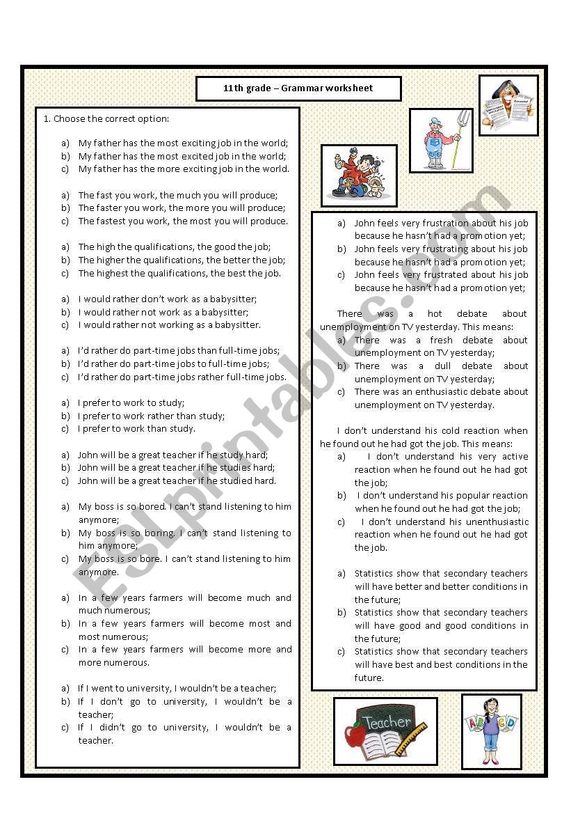 Grammar - conditionals, expressing preferences, double comparative, proportional comnparative and connectors