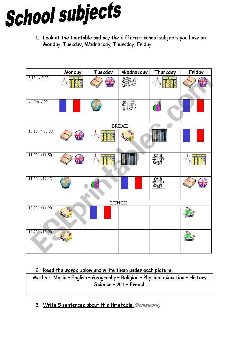 School subjects  worksheet