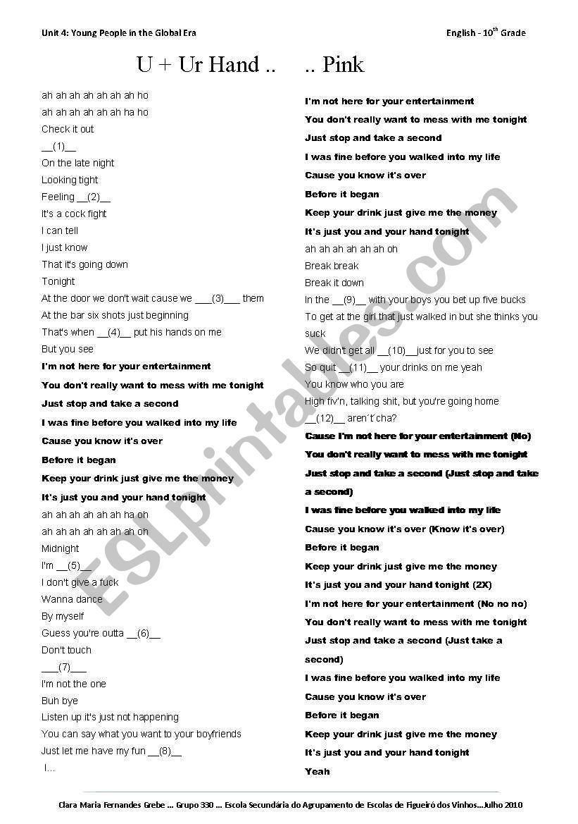 song u and your hand by pink worksheet