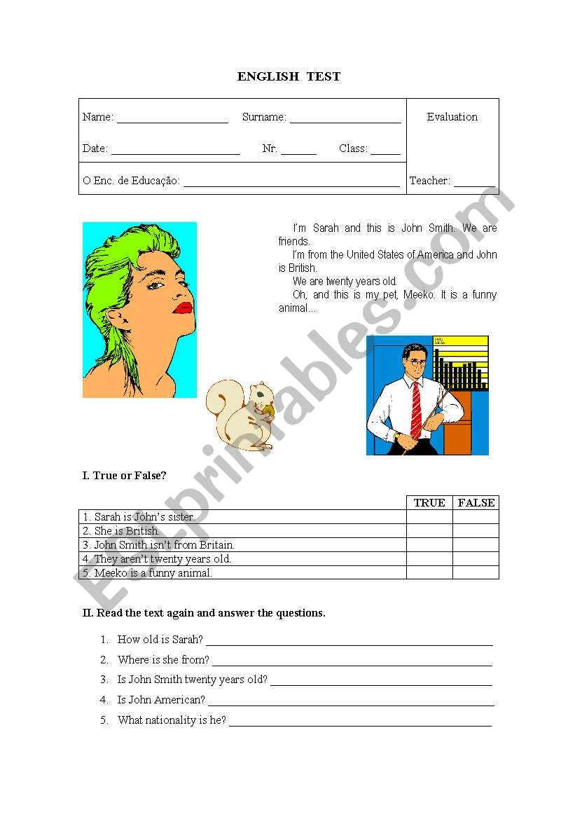 Sarah and John Smith worksheet