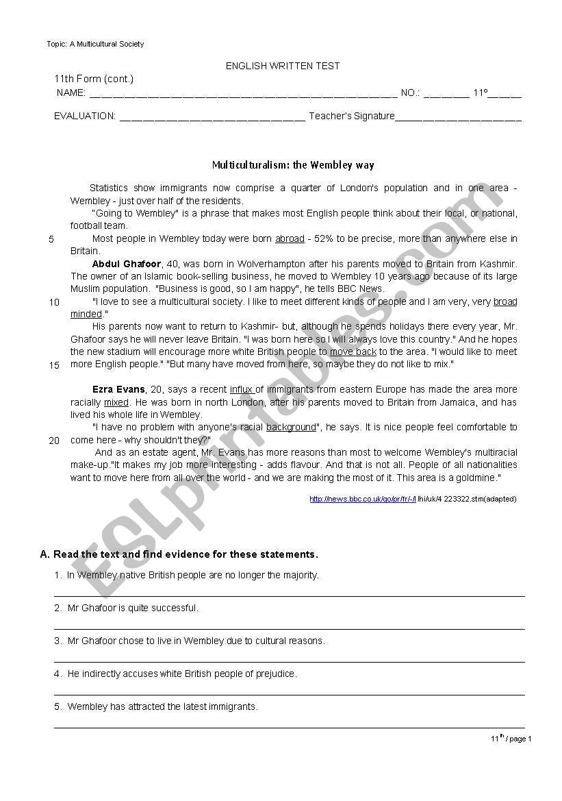 the Wembley way -2 worksheet