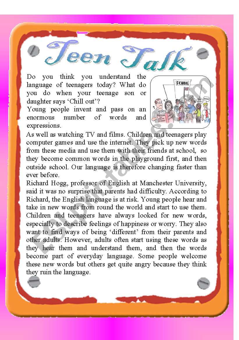Reading - Teen Talk worksheet