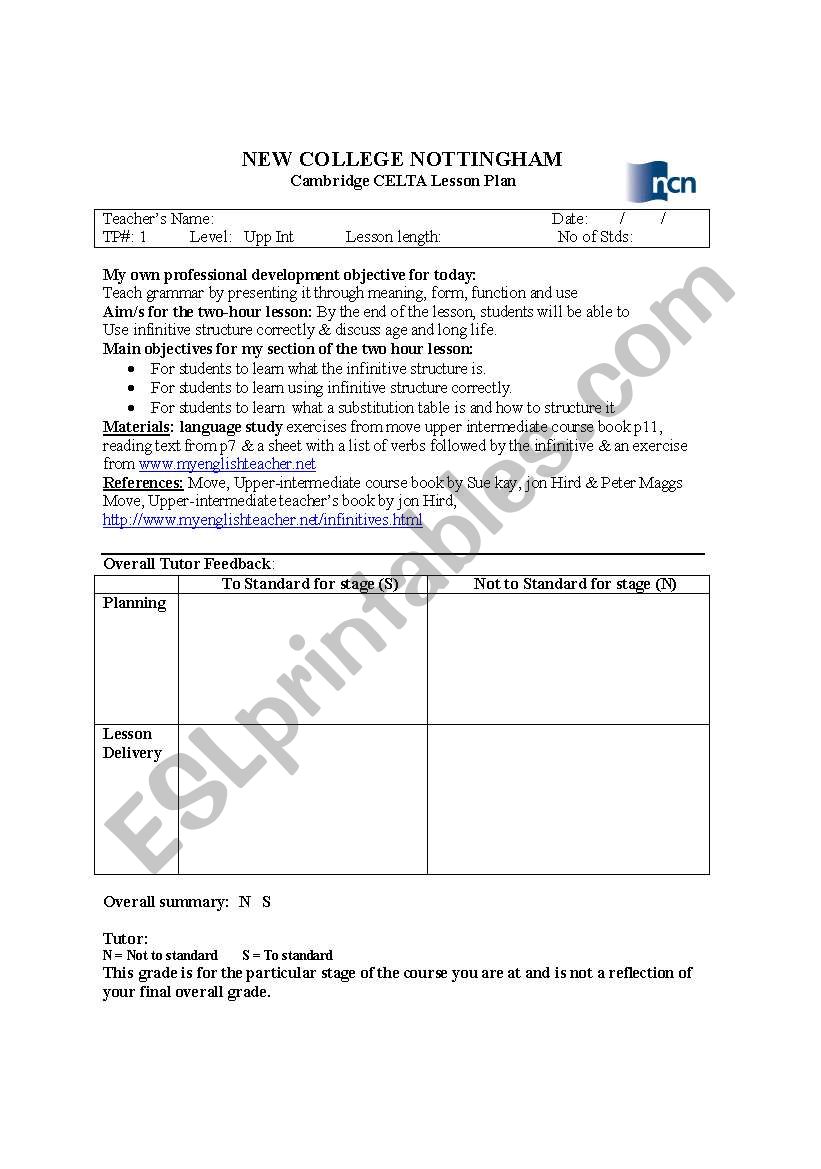 Lesson plan for CELTA course  worksheet