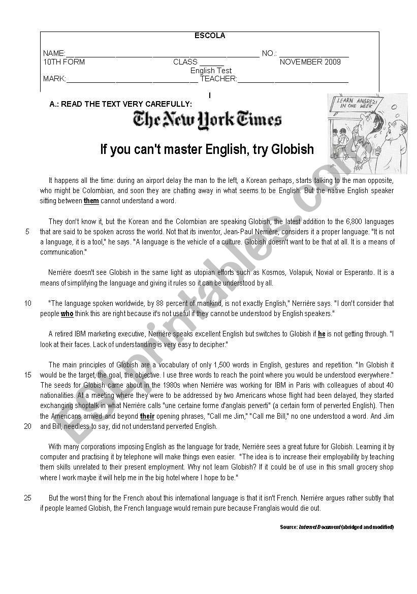 Test on Varieties of English worksheet