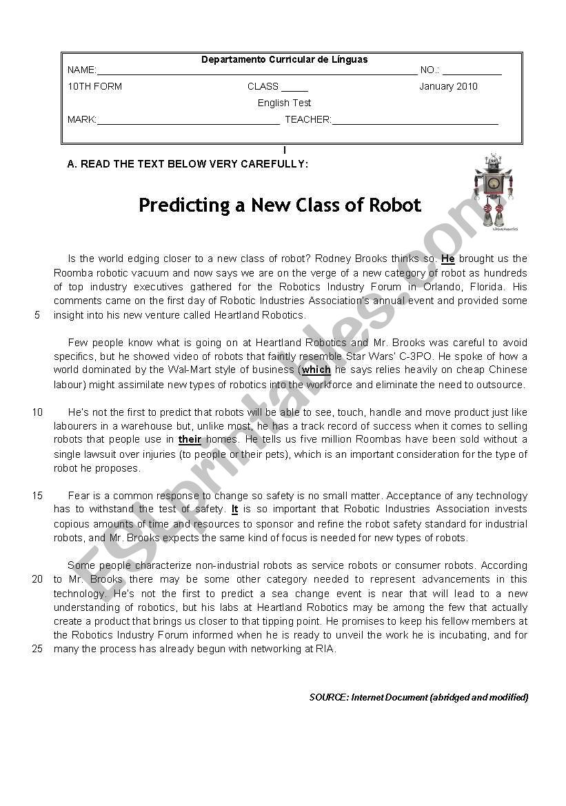 Test on robotics worksheet