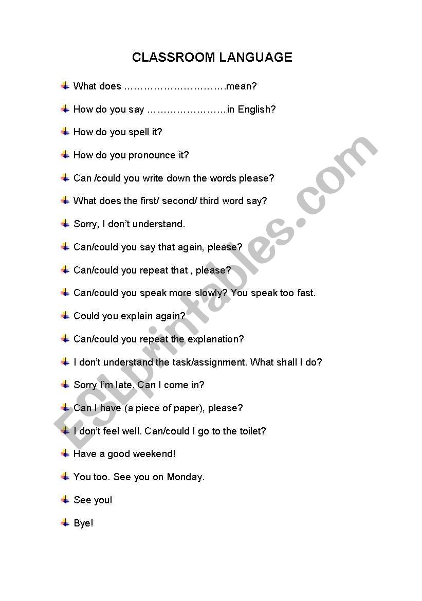 CLASSROOM LANGUAGE worksheet