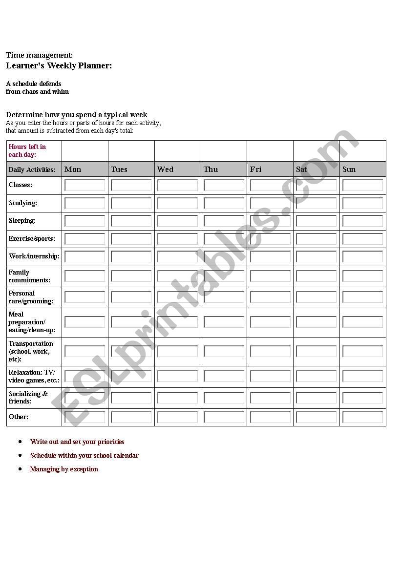 weekly schedule worksheet