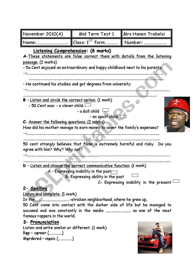 Mid -Term Test 1 for first year pupils. Mid -Term Test 1 for first year pupils.