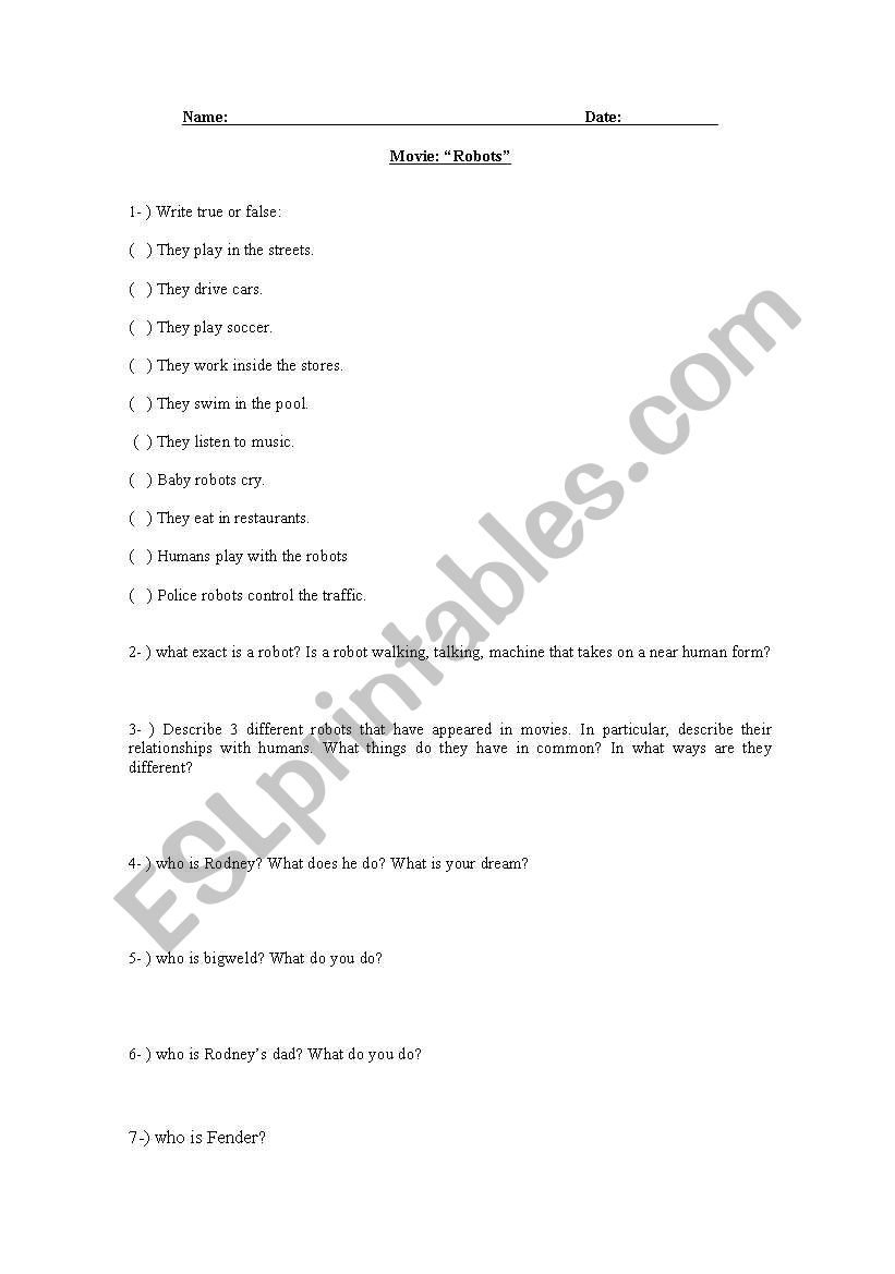 MOVIE ROBOTS worksheet