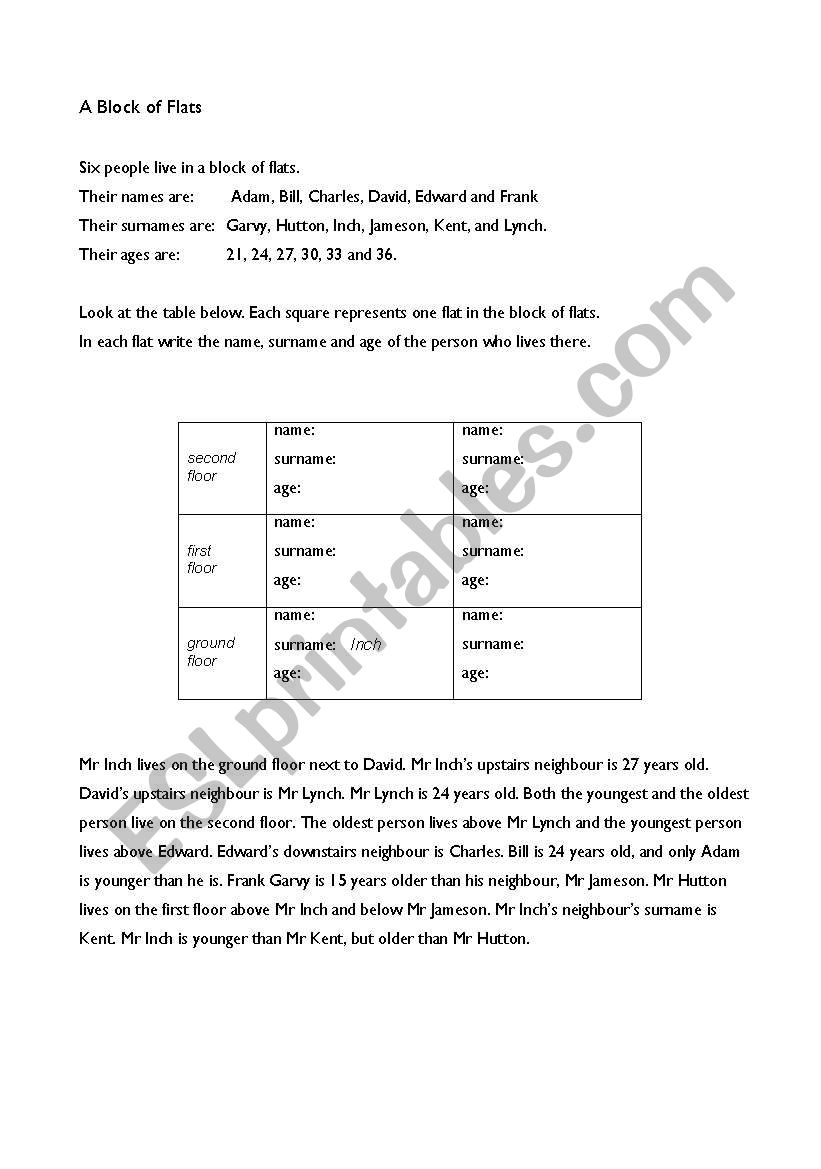 A Block of Flats worksheet