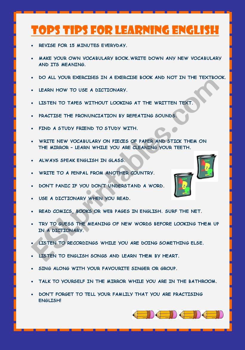 top tips for learning english worksheet