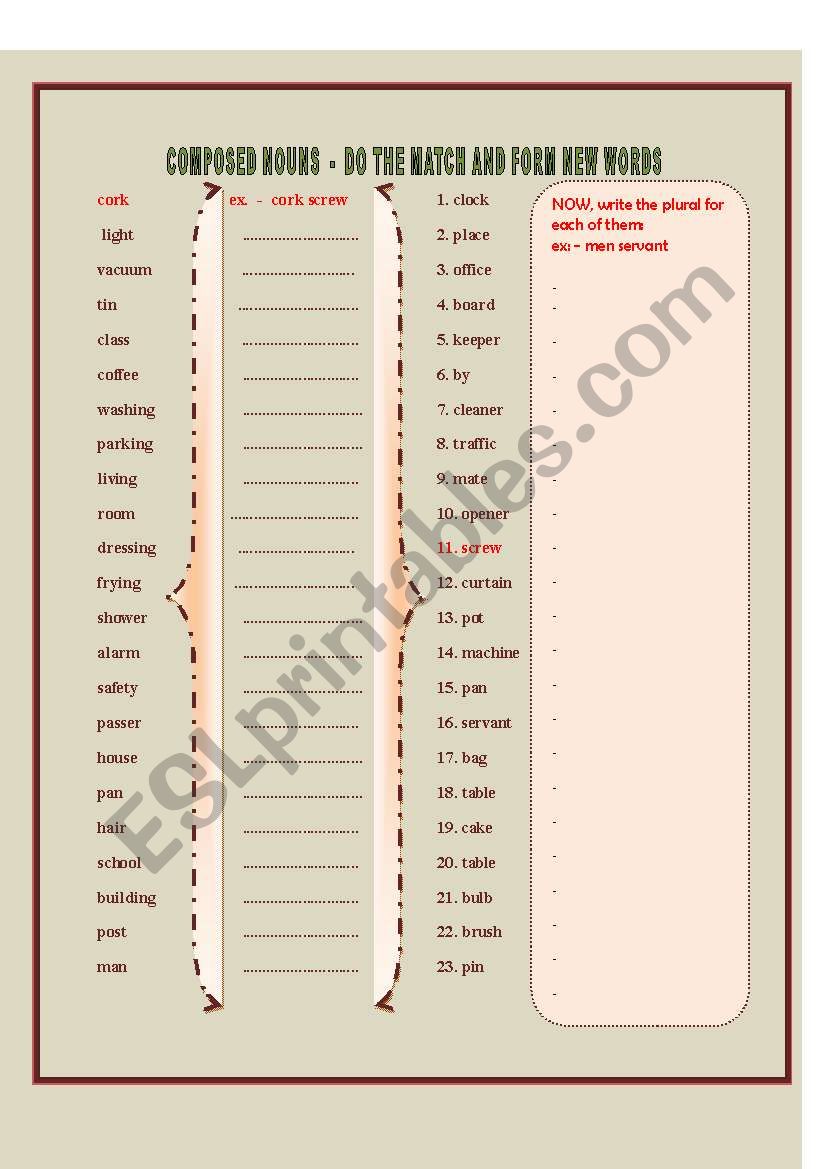 COMPOSED NOUNS / plural + Key worksheet