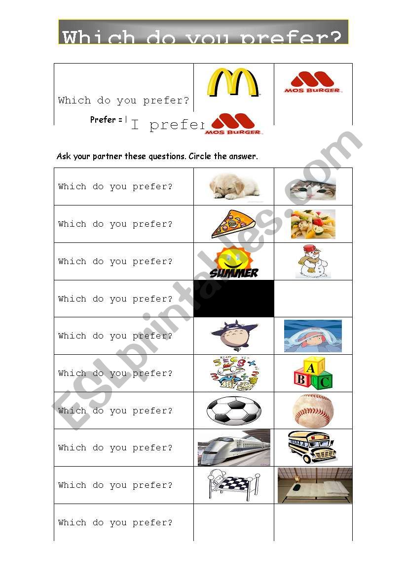 Which do you prefer? worksheet