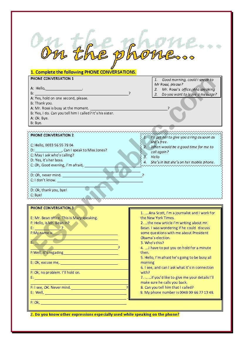 On the phone - EXERCISES worksheet