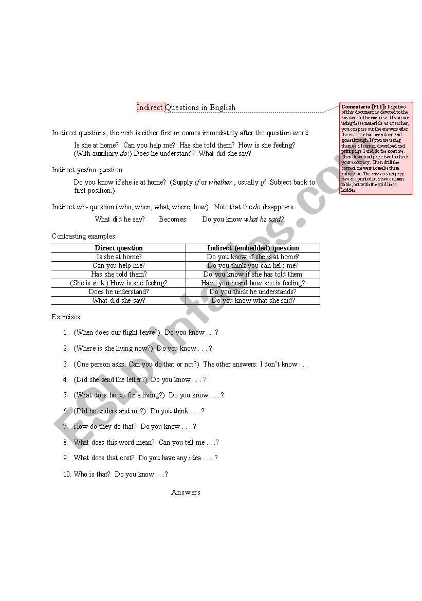 Indirect Questions Grammar worksheet