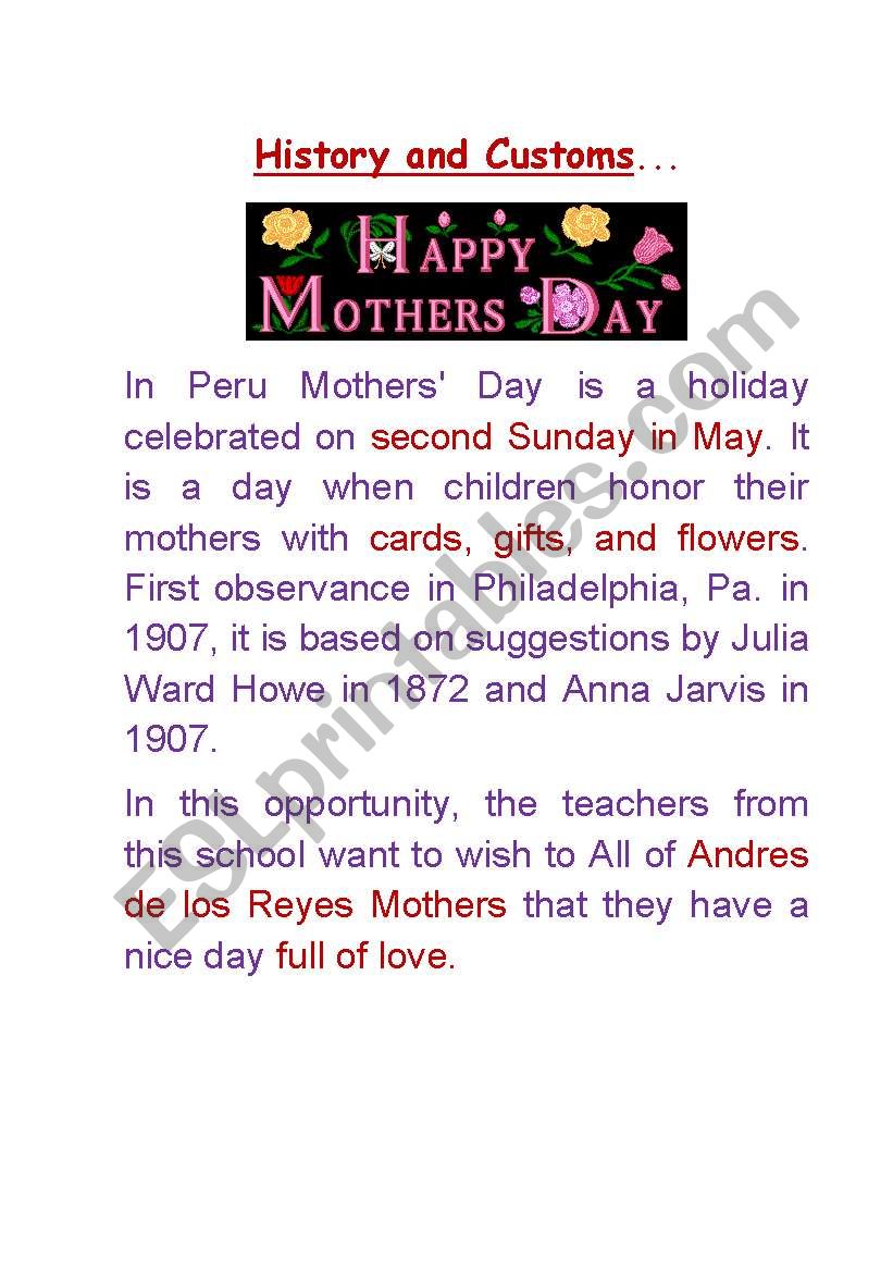 Mothers Day in Peru worksheet