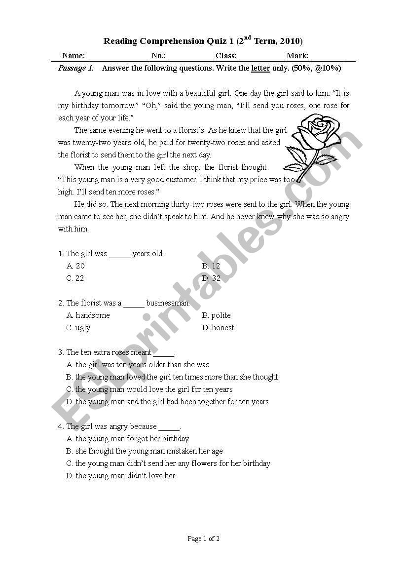 Reading Comprehension Quiz worksheet