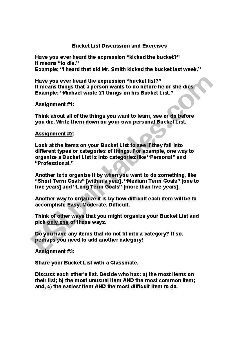 English worksheets Bucket List