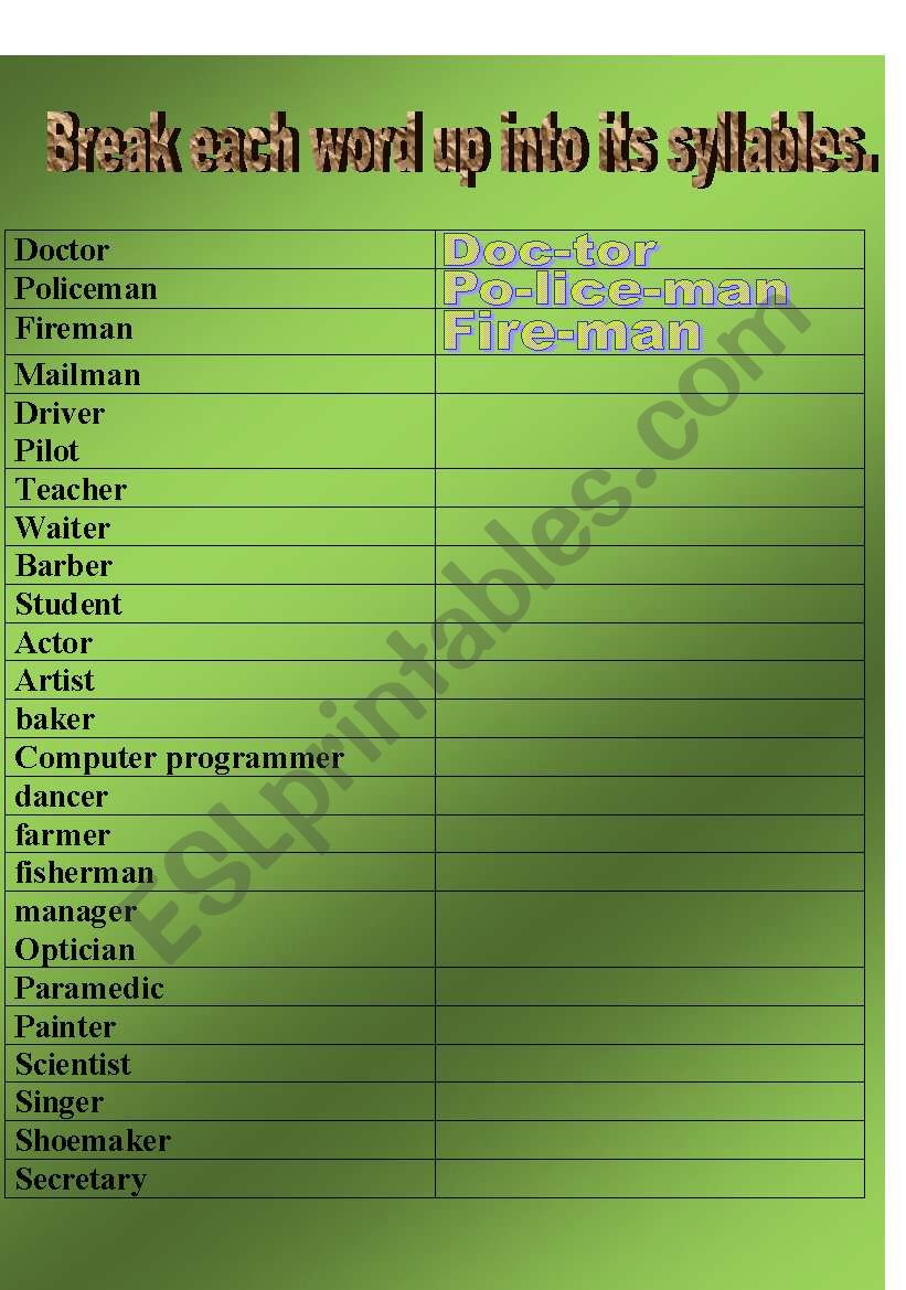 Occupations spelling worksheet