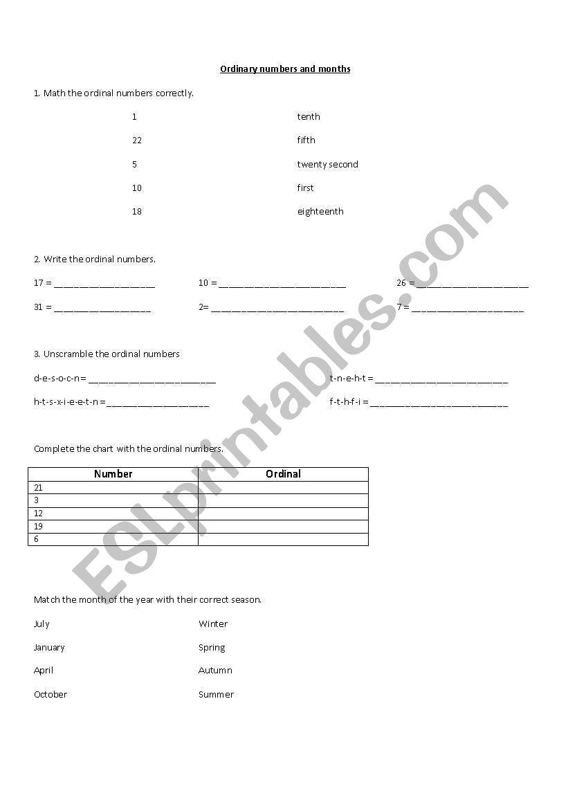 ordinary numbers worksheet