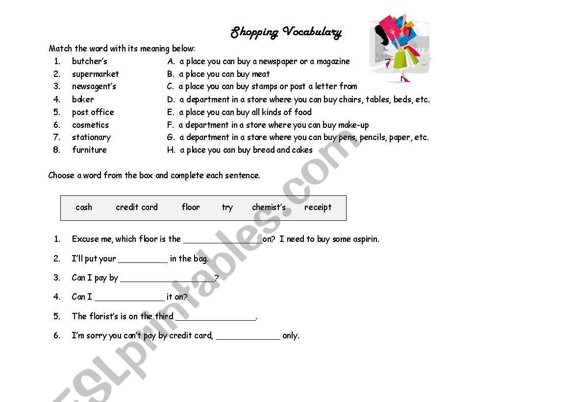 Shopping Vocabulary Check worksheet
