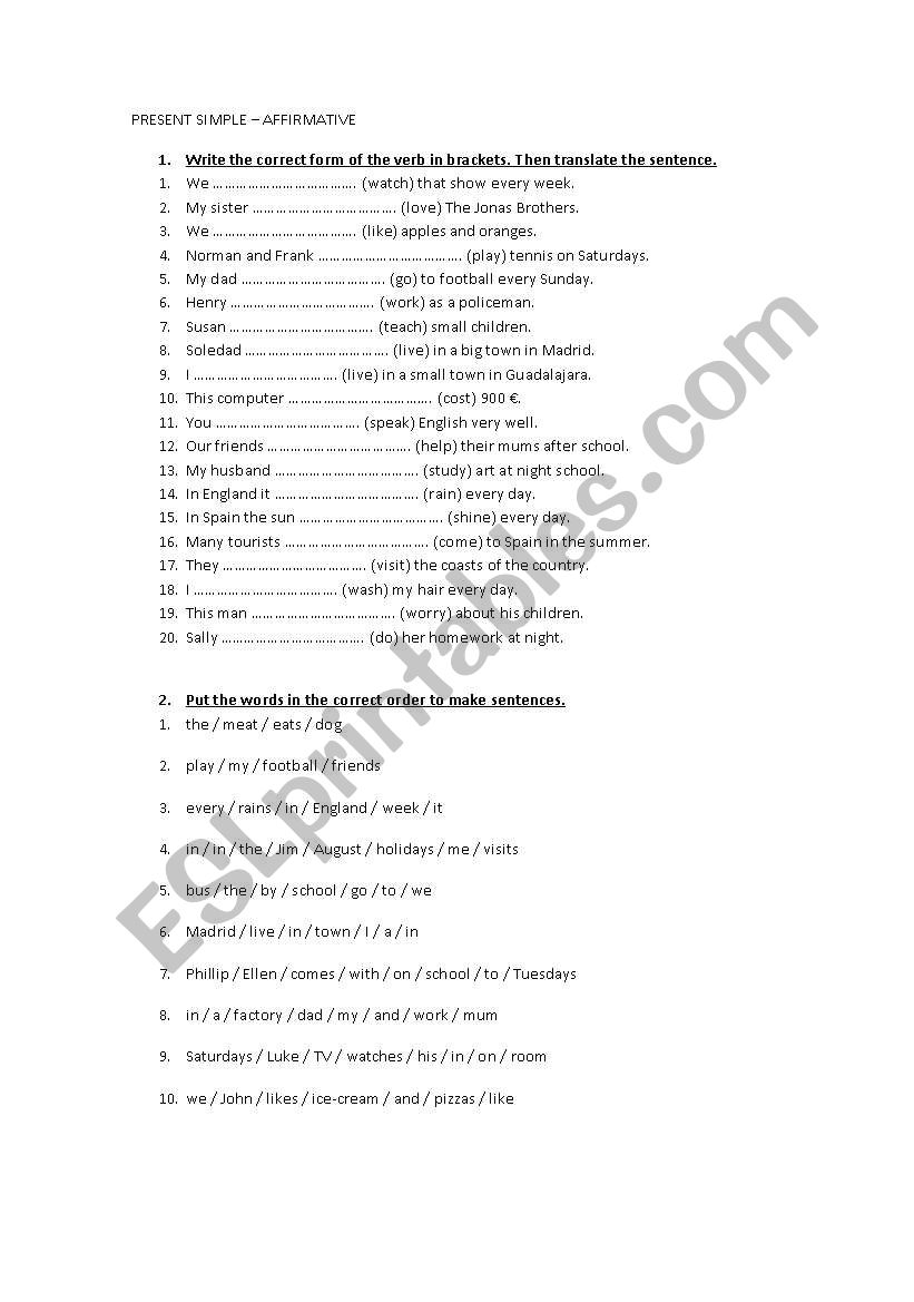 PRESENT SIMPLE AFFIRMATIVE worksheet